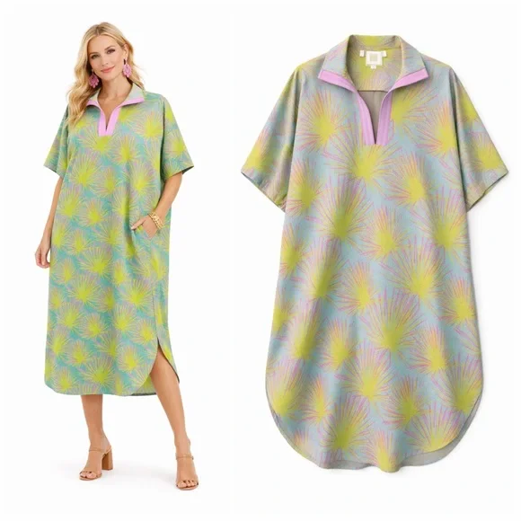 Emily McCarthy Poppy Caftan Midi Dress Palm Print Pink Green Resort Large - Picture 2 of 13